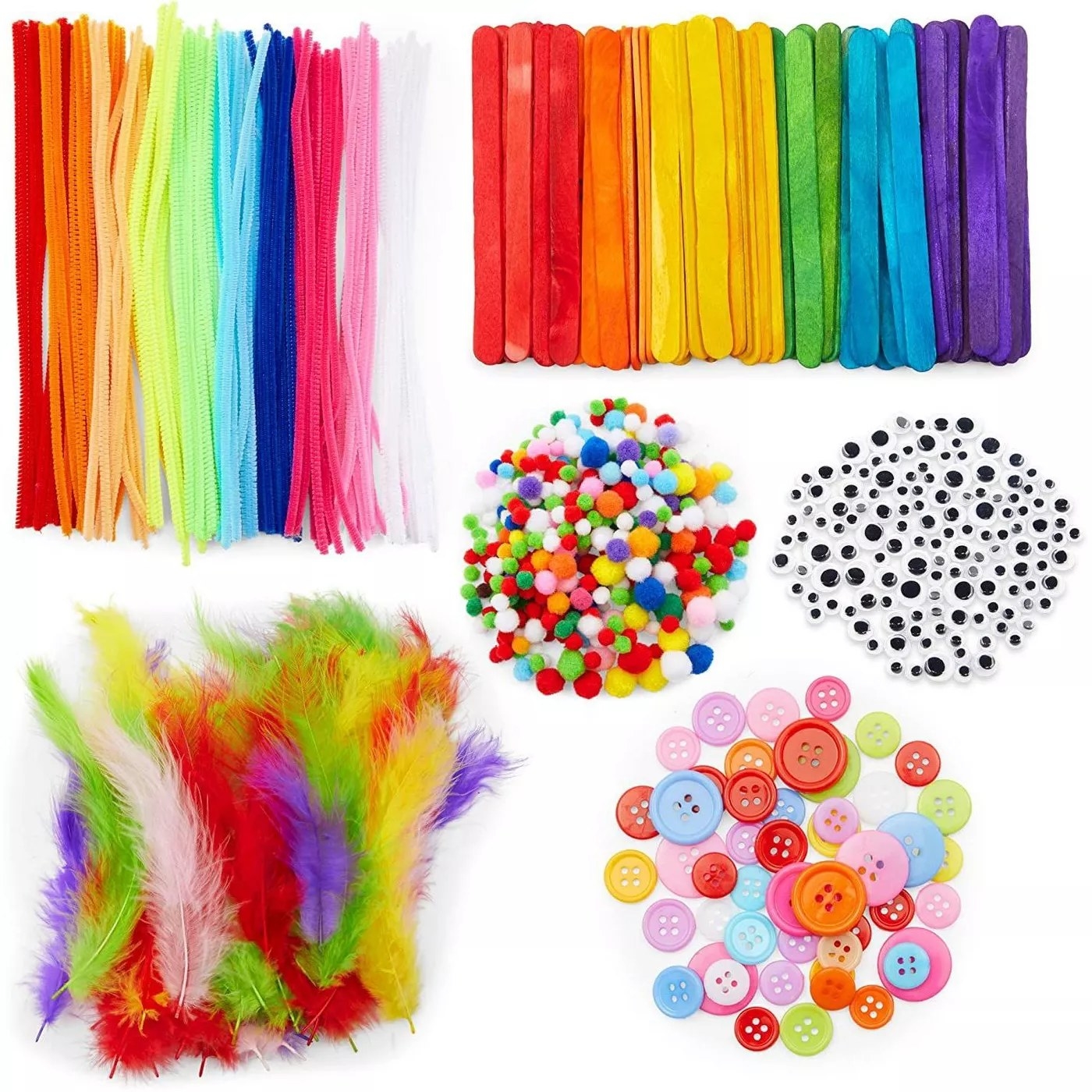 Pipe cleaners, popsicle sticks, feathers, buttons, poms and googly eyes