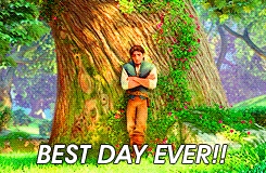 a gif of rapunzel swinging around a tree with &quot;best day ever!!&quot; written over it