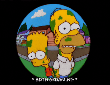 Bart and Homer Simpson groaning and acting like zombies. 