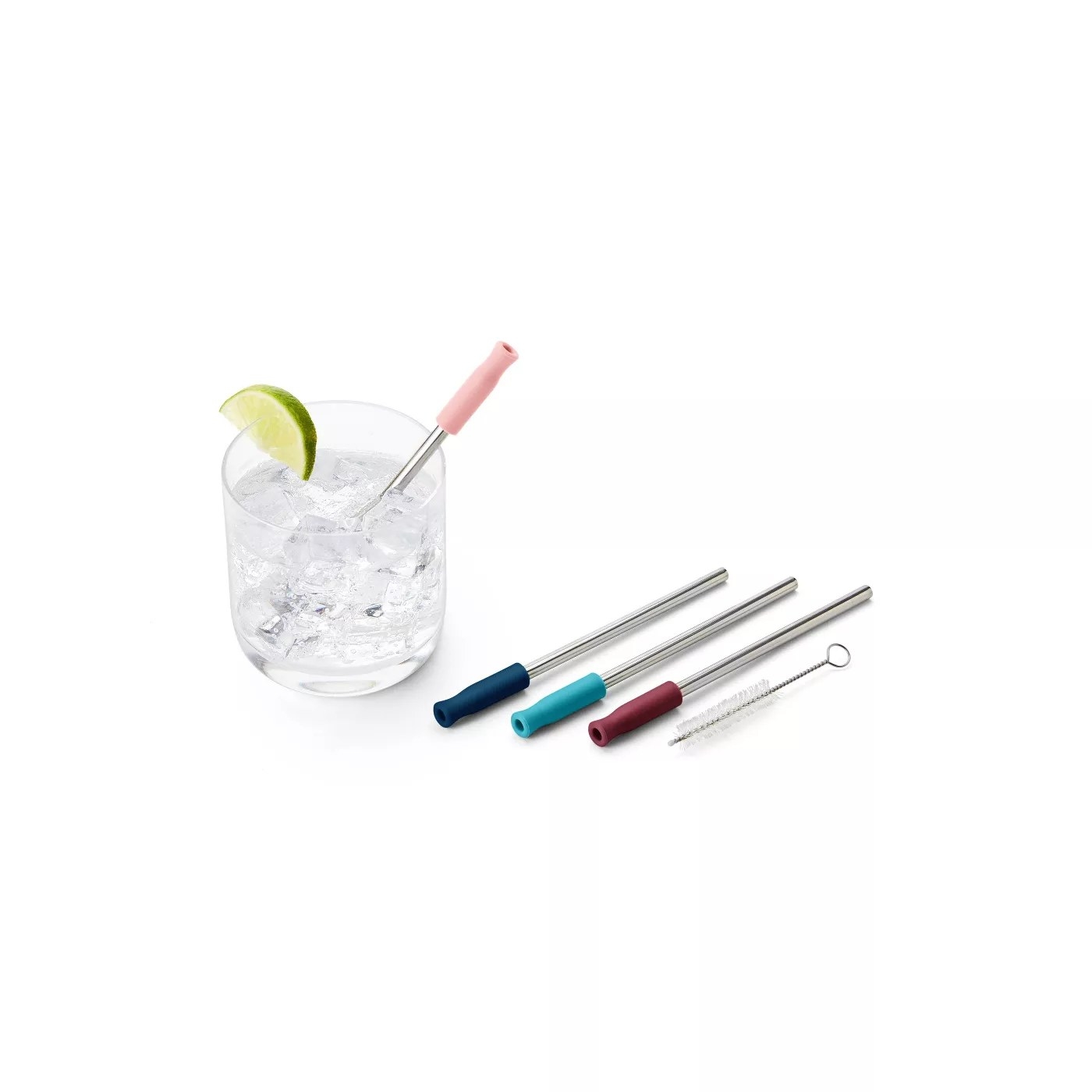 The metal straws with rubber tips and a cleaning brush