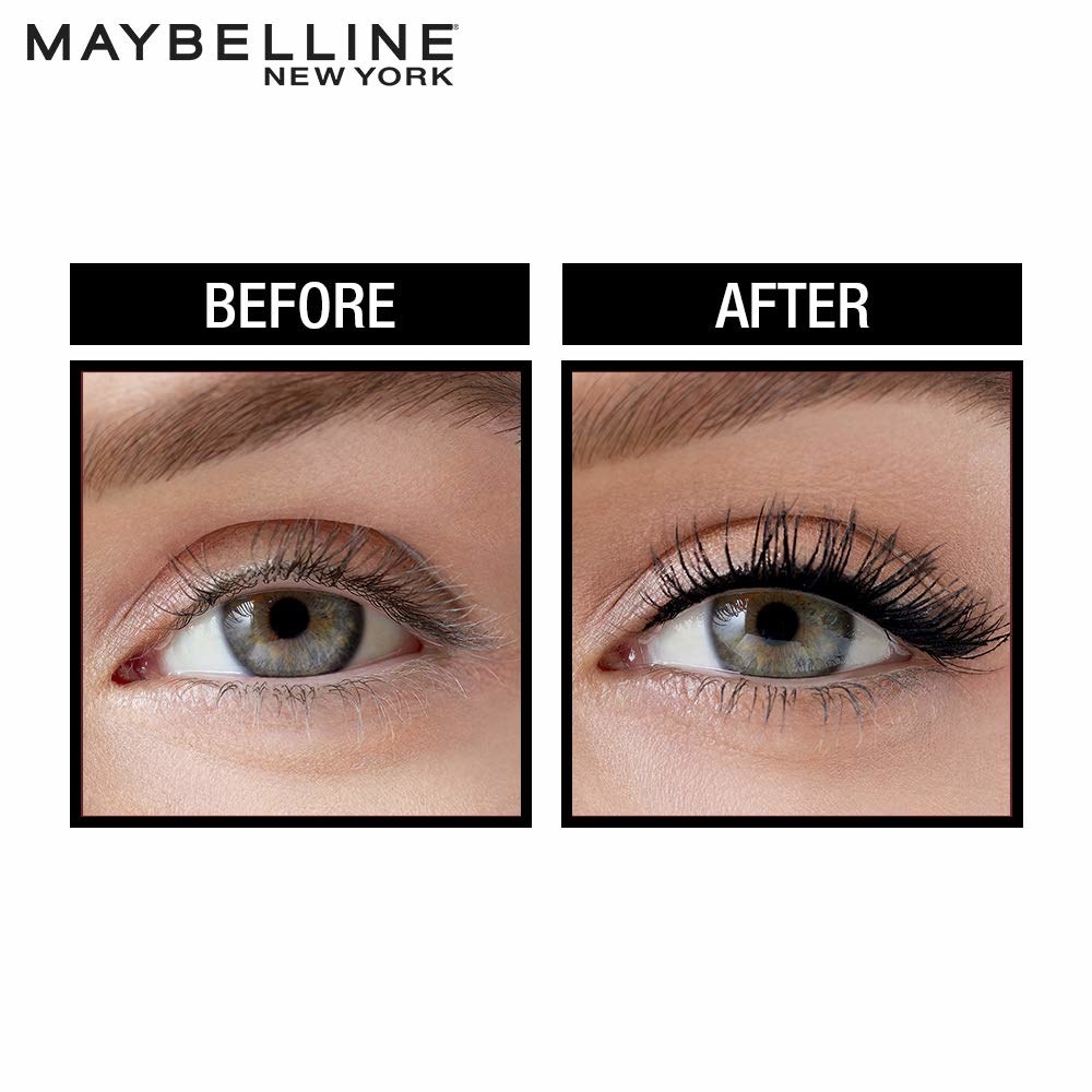 A before and after image of an eye. The after image show us dramatic and voluminous eyelashes because of the mascara.