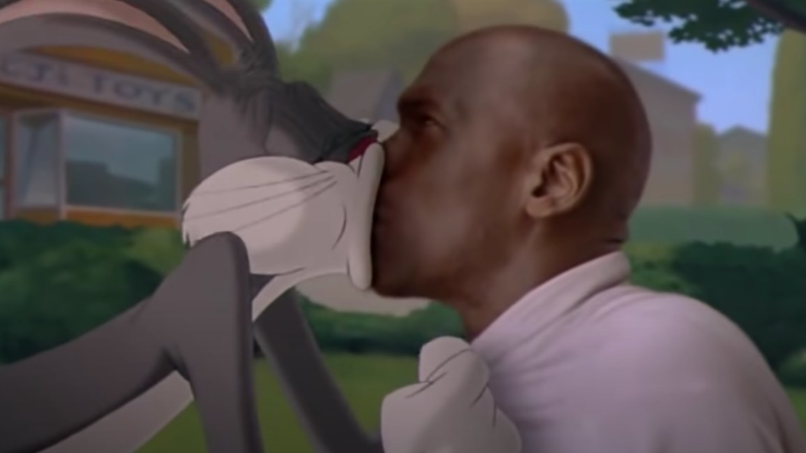 Bugs Bunny kisses Michael Jordan in front of an animated background
