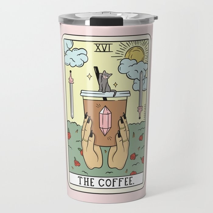 travel coffee mug with tarot card inspired design