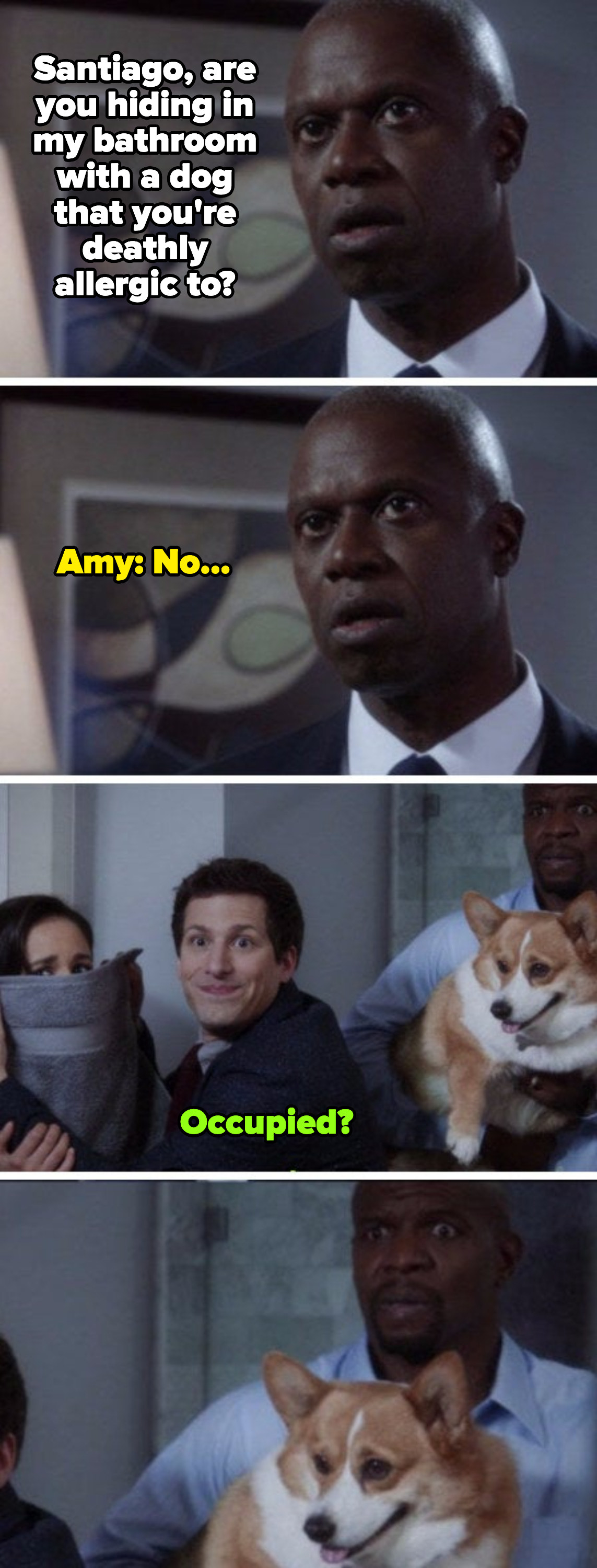 Captain Holt: &quot;Santiago, are you hiding in my bathroom with a dog that you&#x27;re deathly allergic to?&quot; Amy: &quot;No...&quot;
