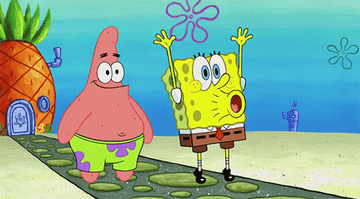 spongebob squarepants standing next to patrick star waving his hands around and shouting