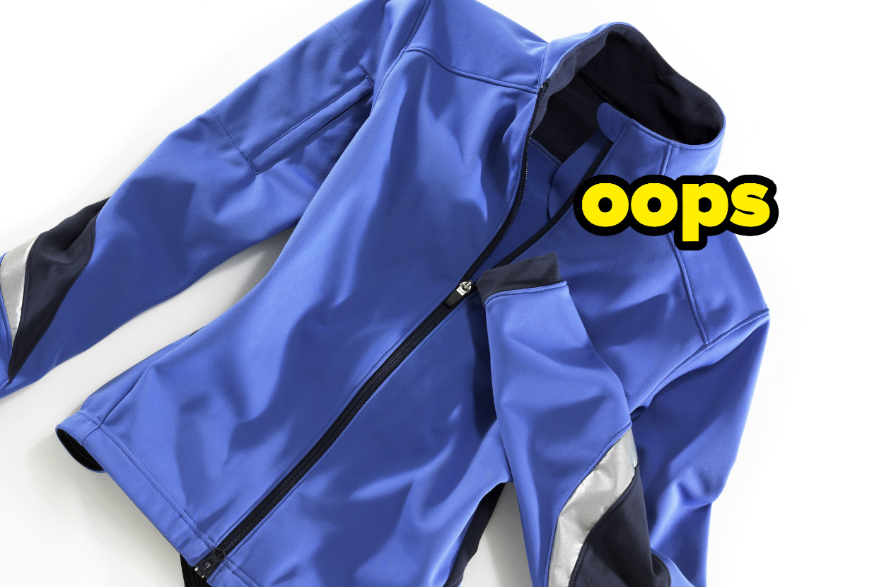 a jacket with &quot;oops&quot; over it