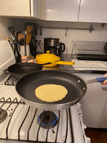 gif of the writer flipping the pancake in the pan