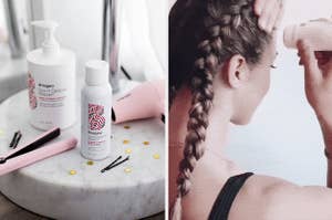 The bottle of Brigeo / A person applying a balm to her hair