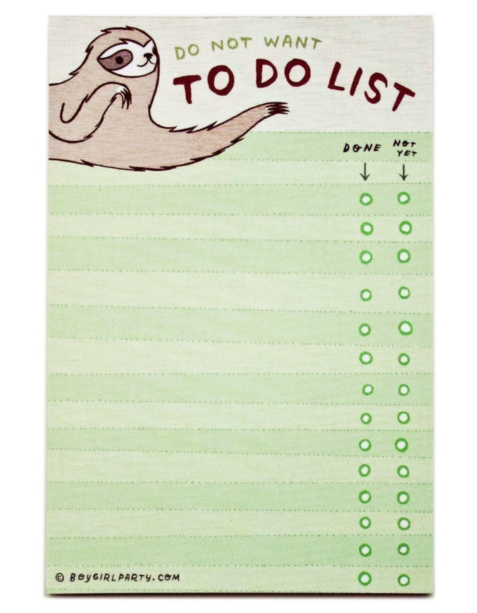the green notepad, which says &quot;do not want to do list&quot; and has a sloth illustration in the top left corner