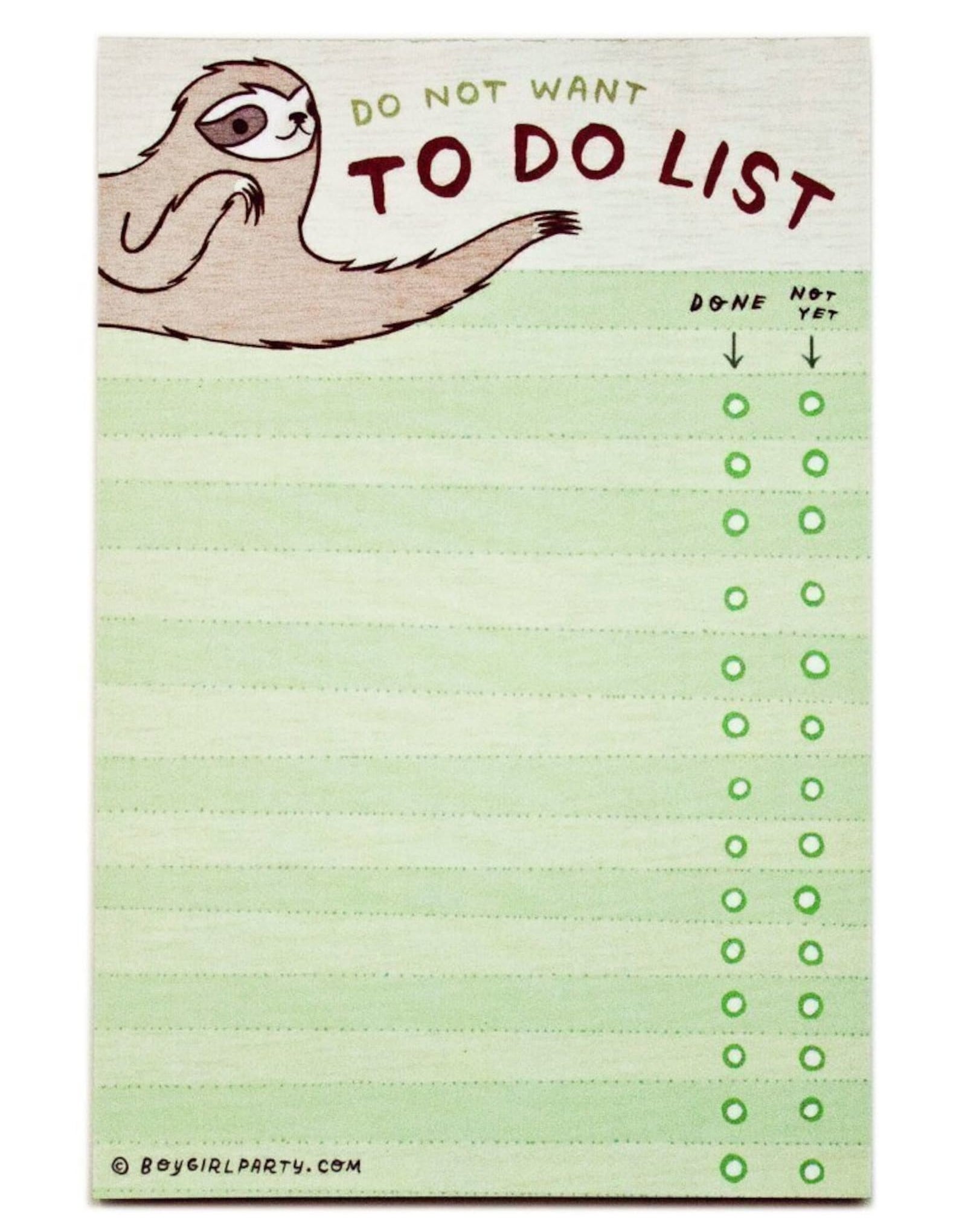 the green notepad, which says &quot;do not want to do list&quot; and has a sloth illustration in the top left corner