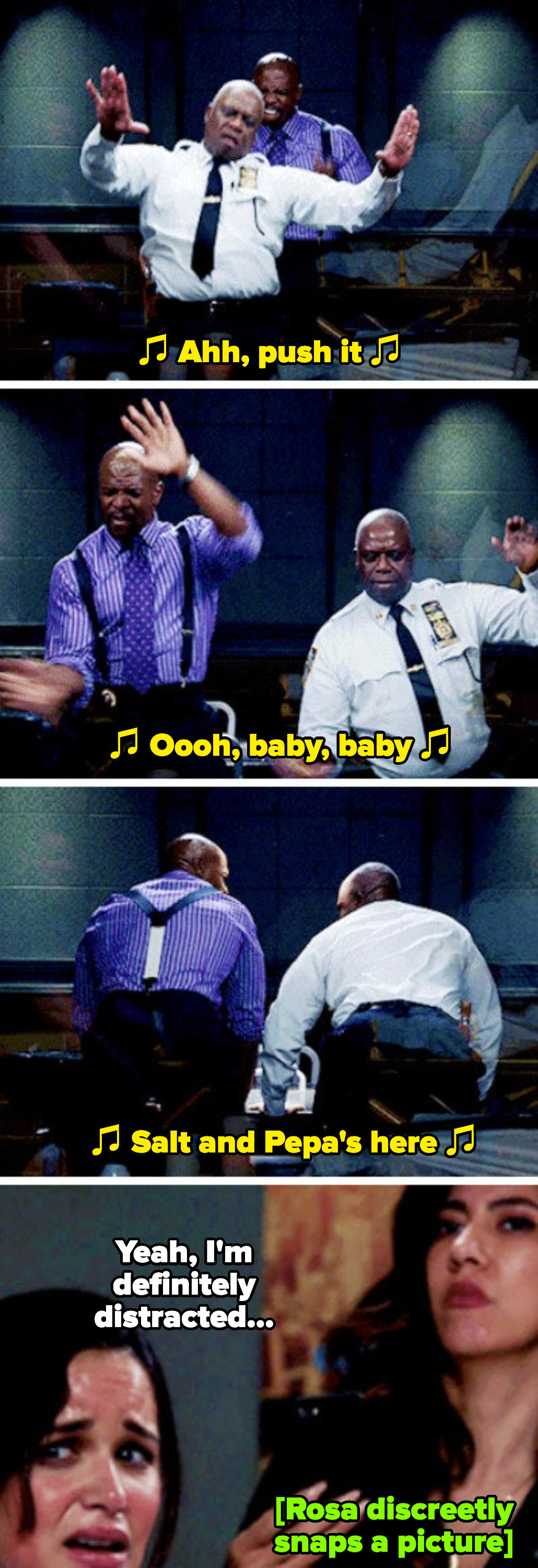 Captain Holt and Terry dancing to Salt-N-Pepa&#x27;s &quot;Push It&quot; in the interrogation room while Amy and Rosa look on in disbelief