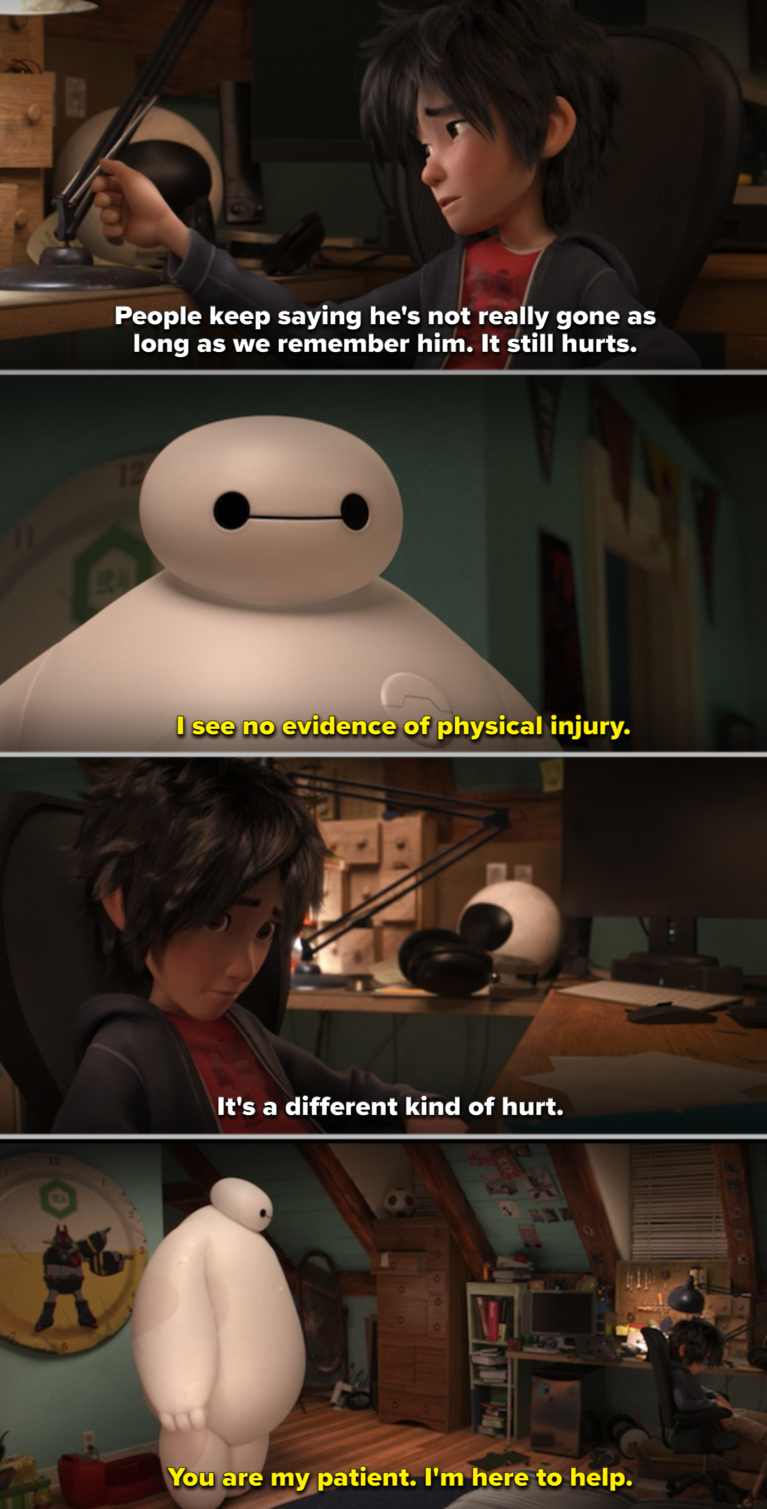 Hiro talking to Baymax in his room