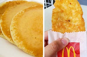Side by side of McDonald's Hotcakes and hash brown