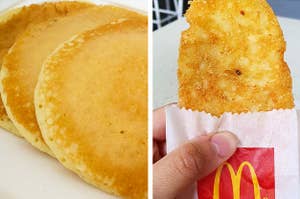 Side by side of McDonald's Hotcakes and hash brown