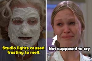 Mrs. Doubtfire with cake frosting on her face in Mrs. Doubtfire labeled "Studio lights caused frosting to melt" and Kat crying in 10 Things I Hate About You labeled "not supposed to cry"