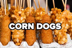 Several corn dogs are lined up and labeled, "CORN DOGS"