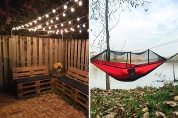 string lights over patio, hammock with mosquito net on top 