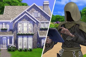 a sims house on the left and the grim reaper looking at an ipad on the right