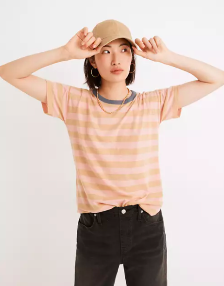 pink and orange striped tee with blue collar