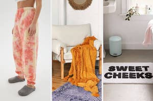 a pair of tie-dyed sweatpants; an orange blanket; a bath mat that says "Sweet Cheeks"