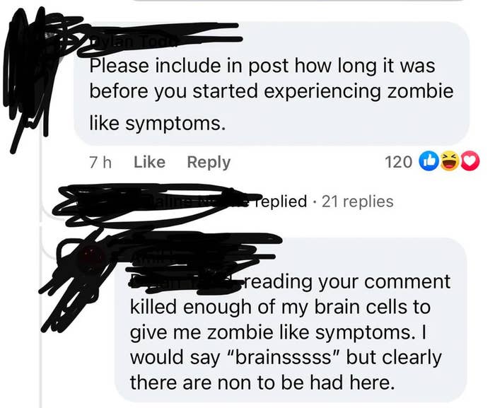 person who says a vaccine turns you into a zombiie and the other person says you already have no brains