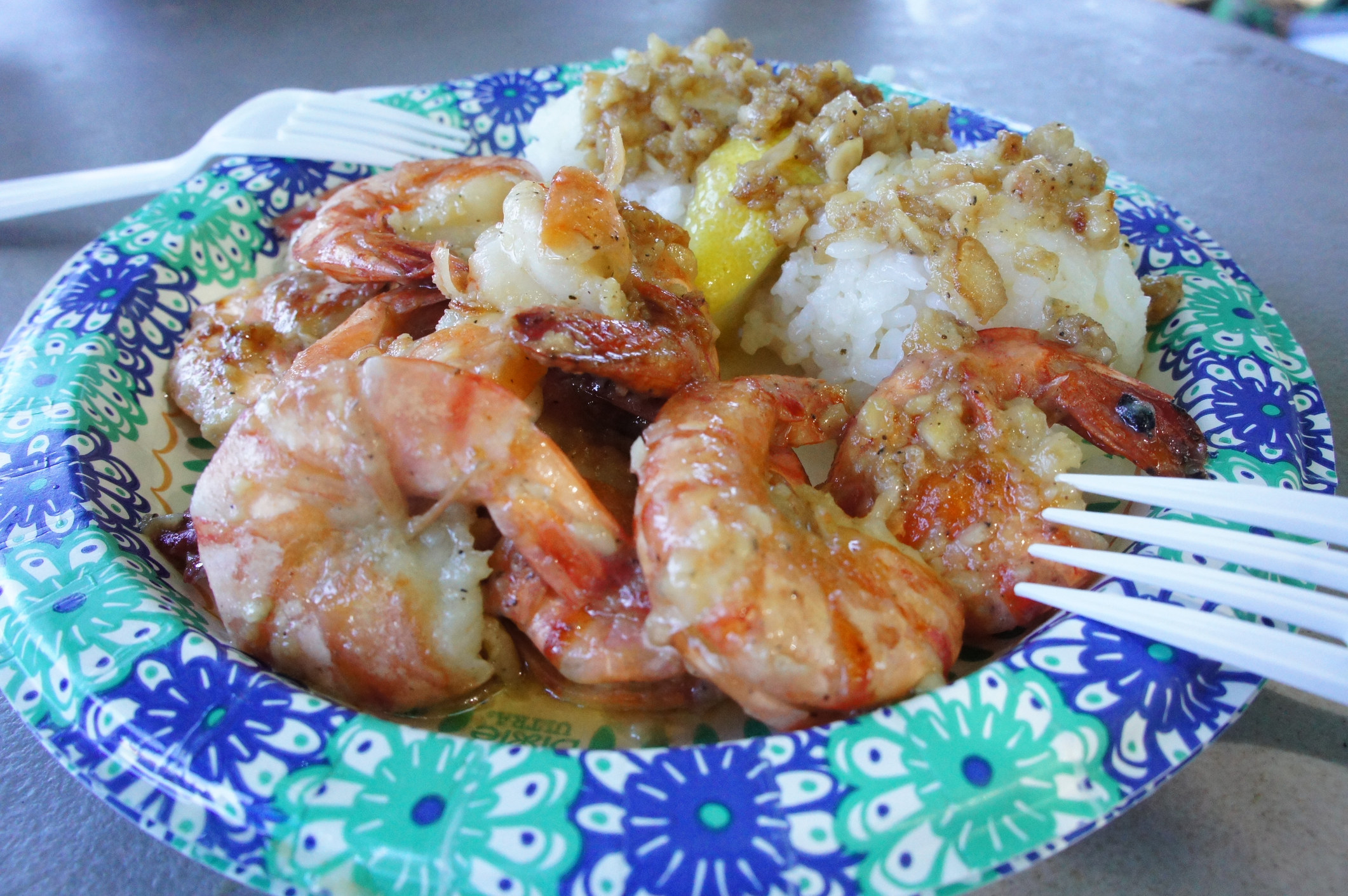 Hawaiian shrimp over rice.