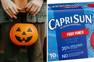A woman is on the left holding a pumpkin with  a case of Capri Sun on the right