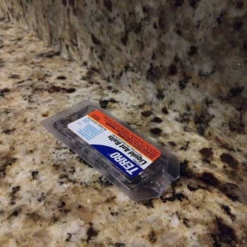 a reviewer photo of one of the traps sitting on a counter
