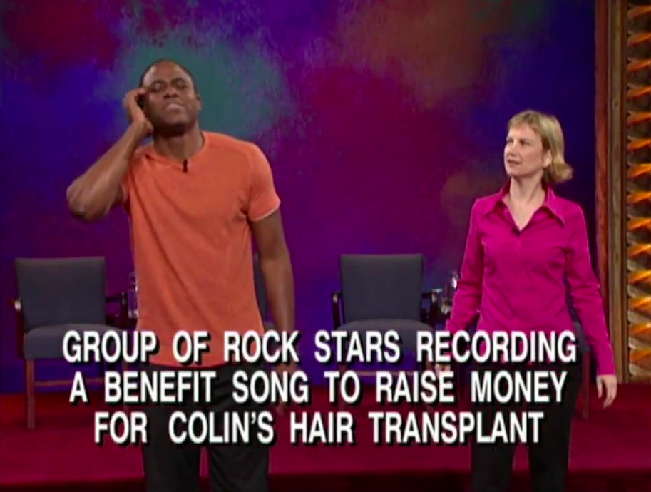 Wayne holding an imaginary headphone to his ear with text reading, &quot;Group of rock stars recording a benefit song to raise money for Colin&#x27;s hair transplant&quot;