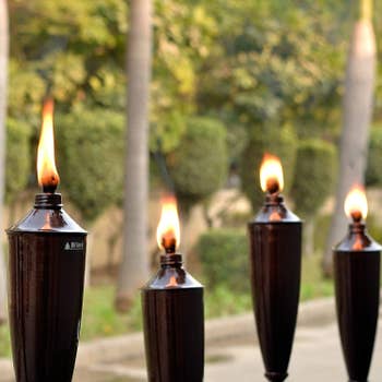 Four lit tiki torches placed in backyard