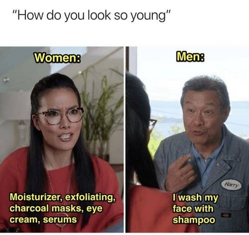 A meme featuring Ali Wong that highlights all the anti-aging efforts women go through versus men