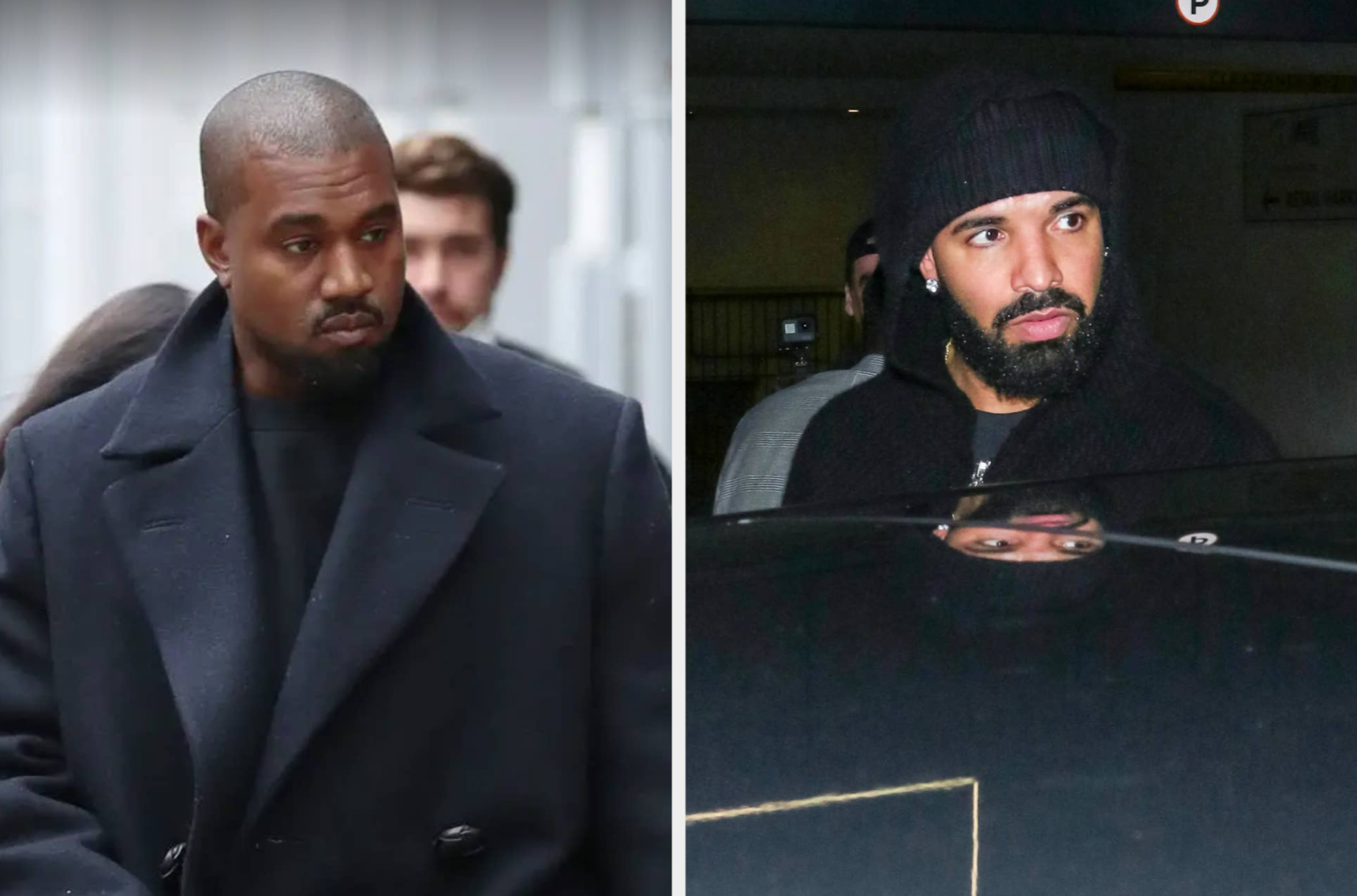 Photo of Kanye West walking outside in a black peacoat next to a photo of Drake looking over the top of a car wearing a black coat and beanie