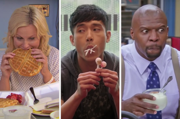 On the left, Leslie from Parks and Rec eating a waffle, in the middle, Jason from The Good place eating some lollipops, and on the right, Terry from Brooklyn Nine-Nine eating yogurt