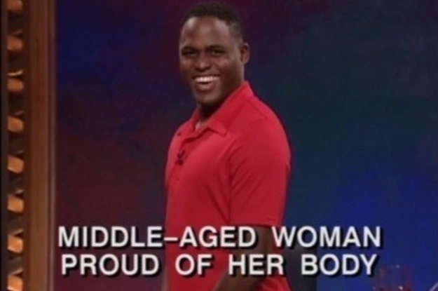 Wayne Brady looking directly in the camera with text reading "Middle-Aged Woman Who Is Proud Of Her Body"