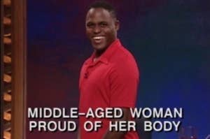Wayne Brady looking directly in the camera with text reading "Middle-Aged Woman Who Is Proud Of Her Body"
