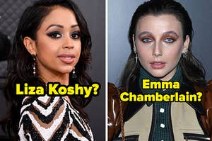 Liza Koshy looks over her shoulder as she poses on the red carpet and Emma Chamberlain wears a patterned dress under a multi colored leather jacket