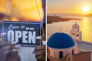 A woman is on the left holding an "open" sign with a sunset of Santorini on the right