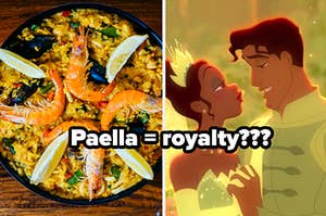 A pot filled with shrimped topped paella and Tiana and Prince Naveen look lovingly into each other's eyes while holding hands