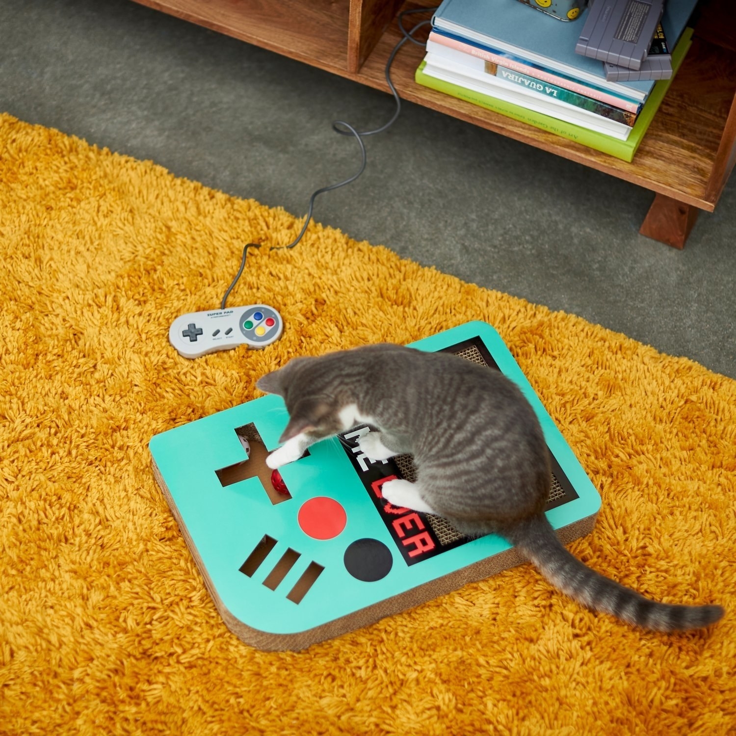 A cat on top of the video game scratcher