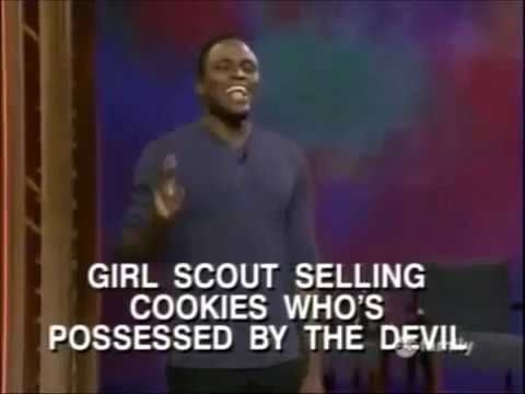 Wayne miming knocking on a front door with text reading, &quot;Girl scout selling cookies who&#x27;s possessed by the devil&quot;