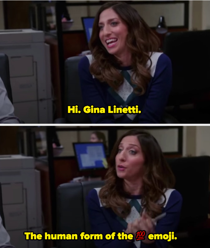Gina introducing herself as the human form of the 100 emoji