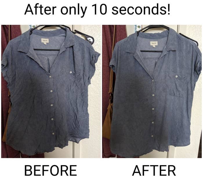 a split image of a reviewer&#x27;s shirt before and after using the wrinkle release spray