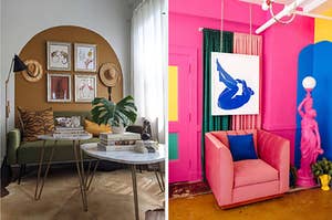 split image of couch and brightly decorated room with a hanging print