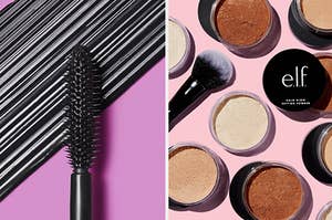 to the left: the tip of a mascara brush, to the right: finishing powders
