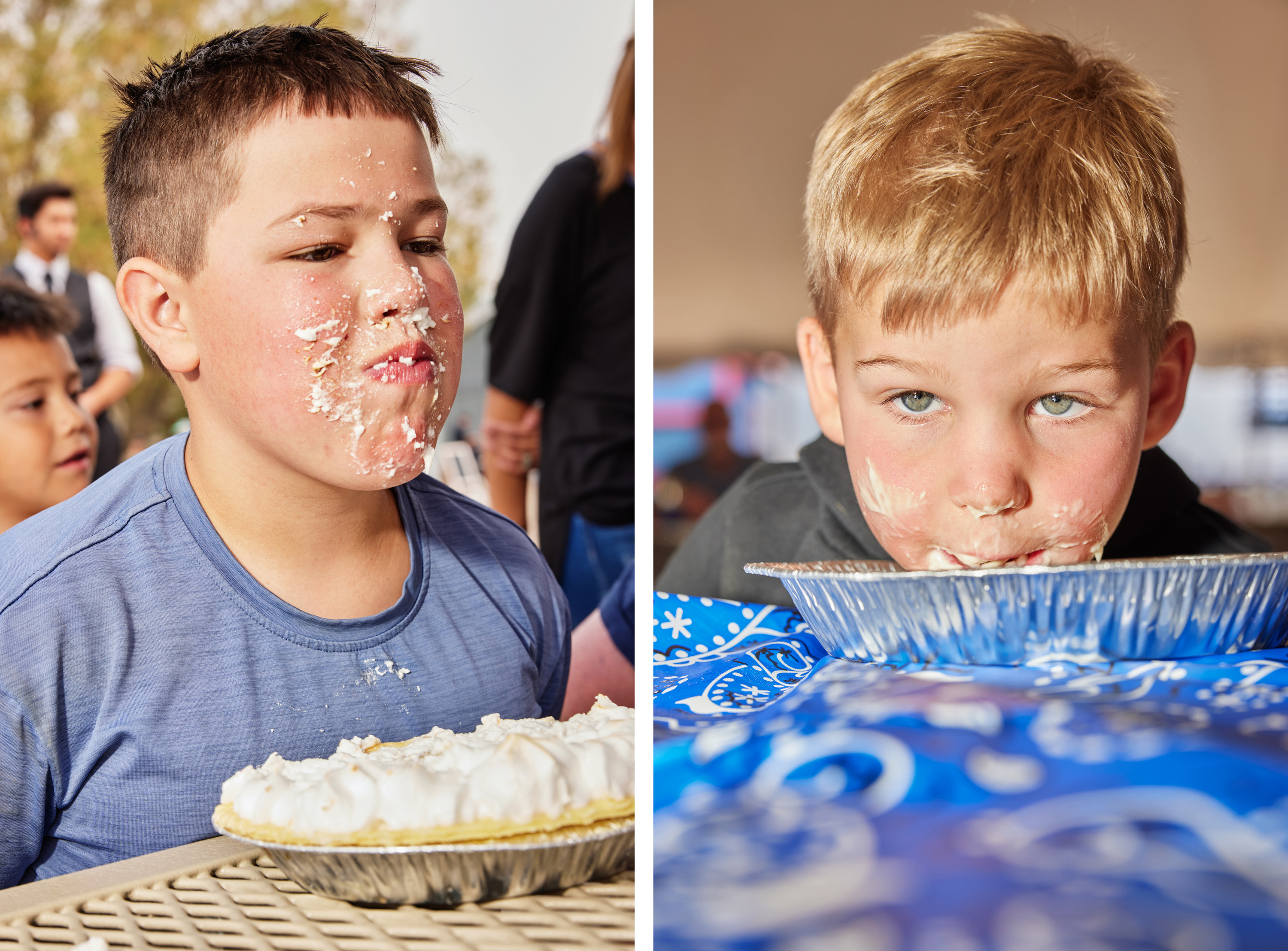 Left, a boy with his face covered in lemon meringue pie, right, a boy with half his face in a metal pie tin 