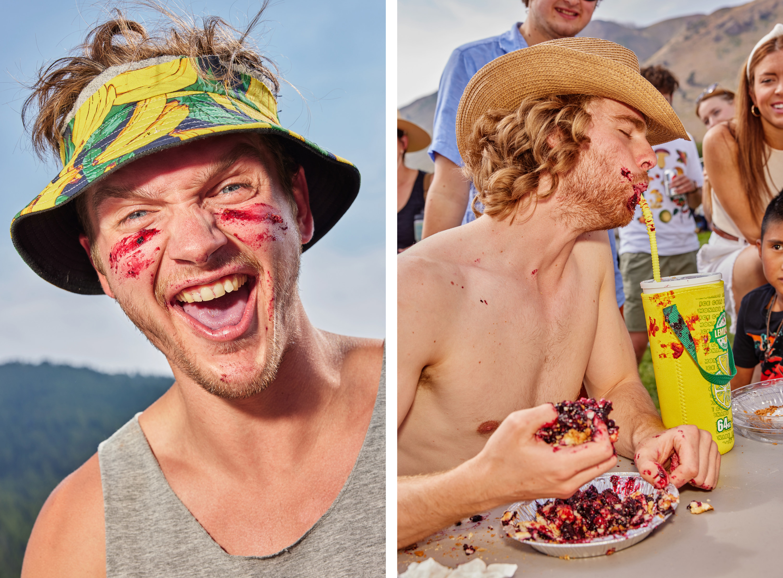 Left, a man with pie smeared over his face in an open-top bucket hat, right, a mad gulps water with a fistful of pie during the contest