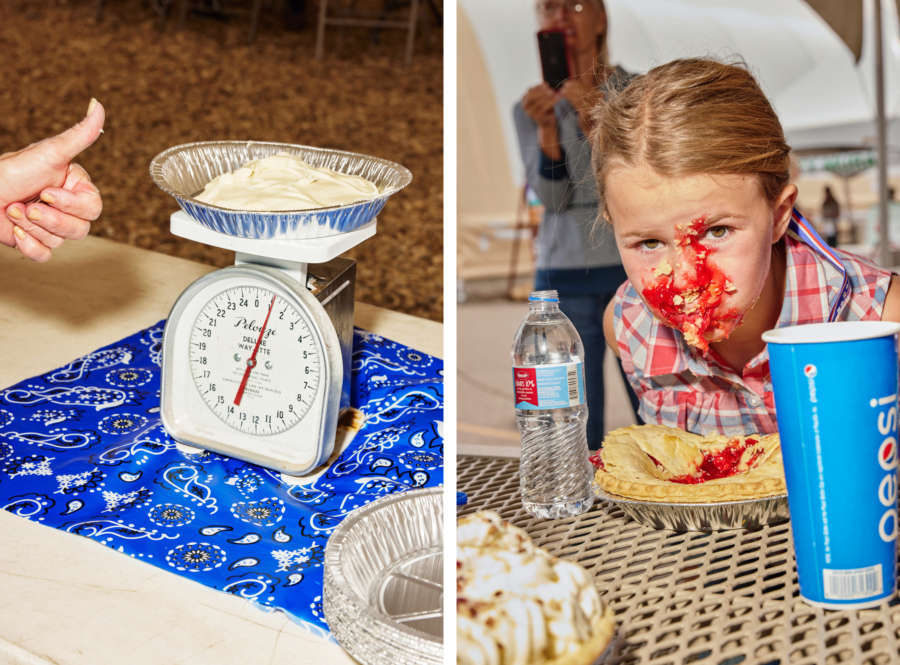 Left, a woman gives a thumbs-up as she weighs a pound of custard, right, a girl with her face covered by pie filling as she sits at a table