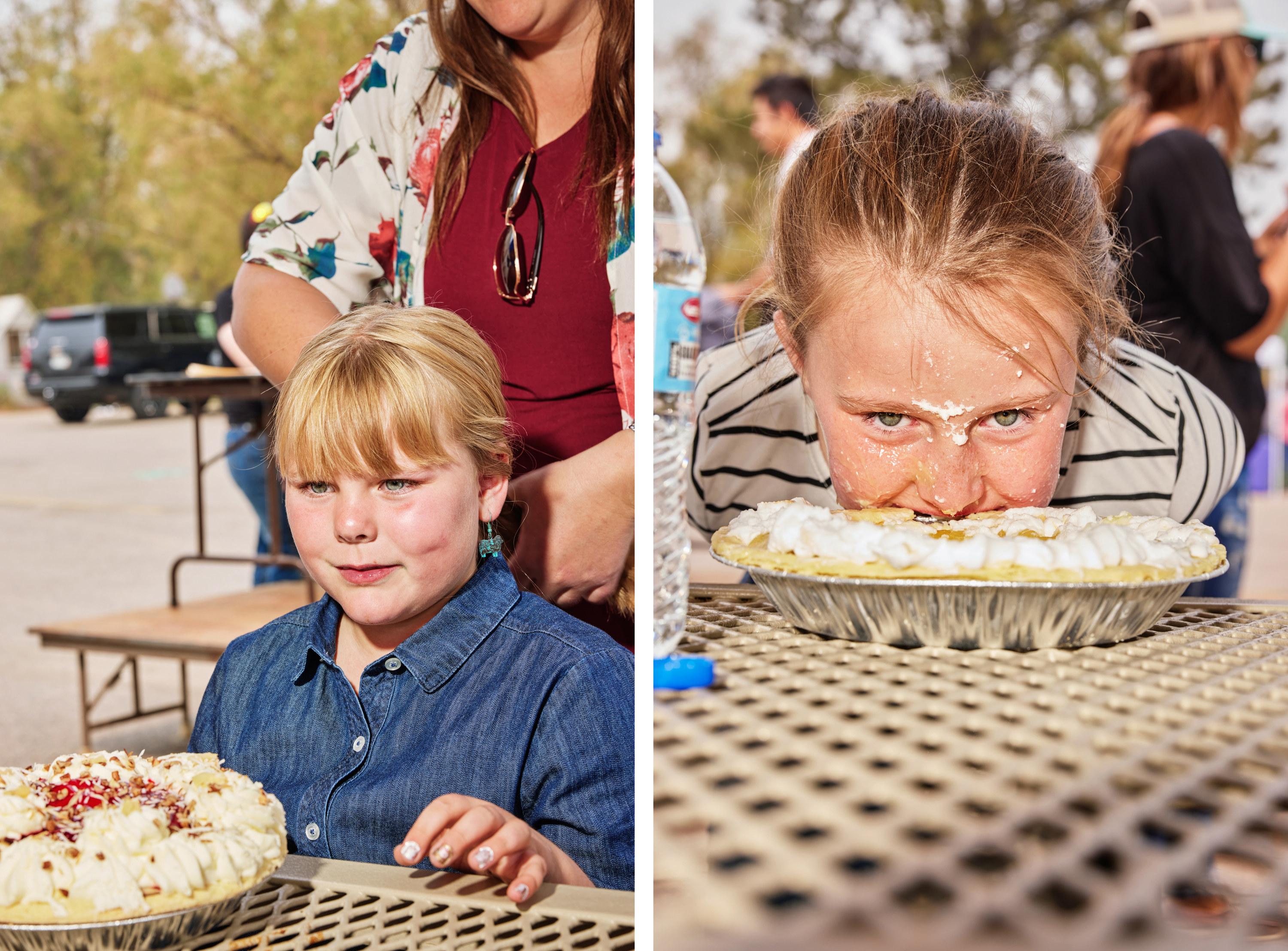 Left, a girl sitting in front of a large pie, right, a girl with her face in a small pie