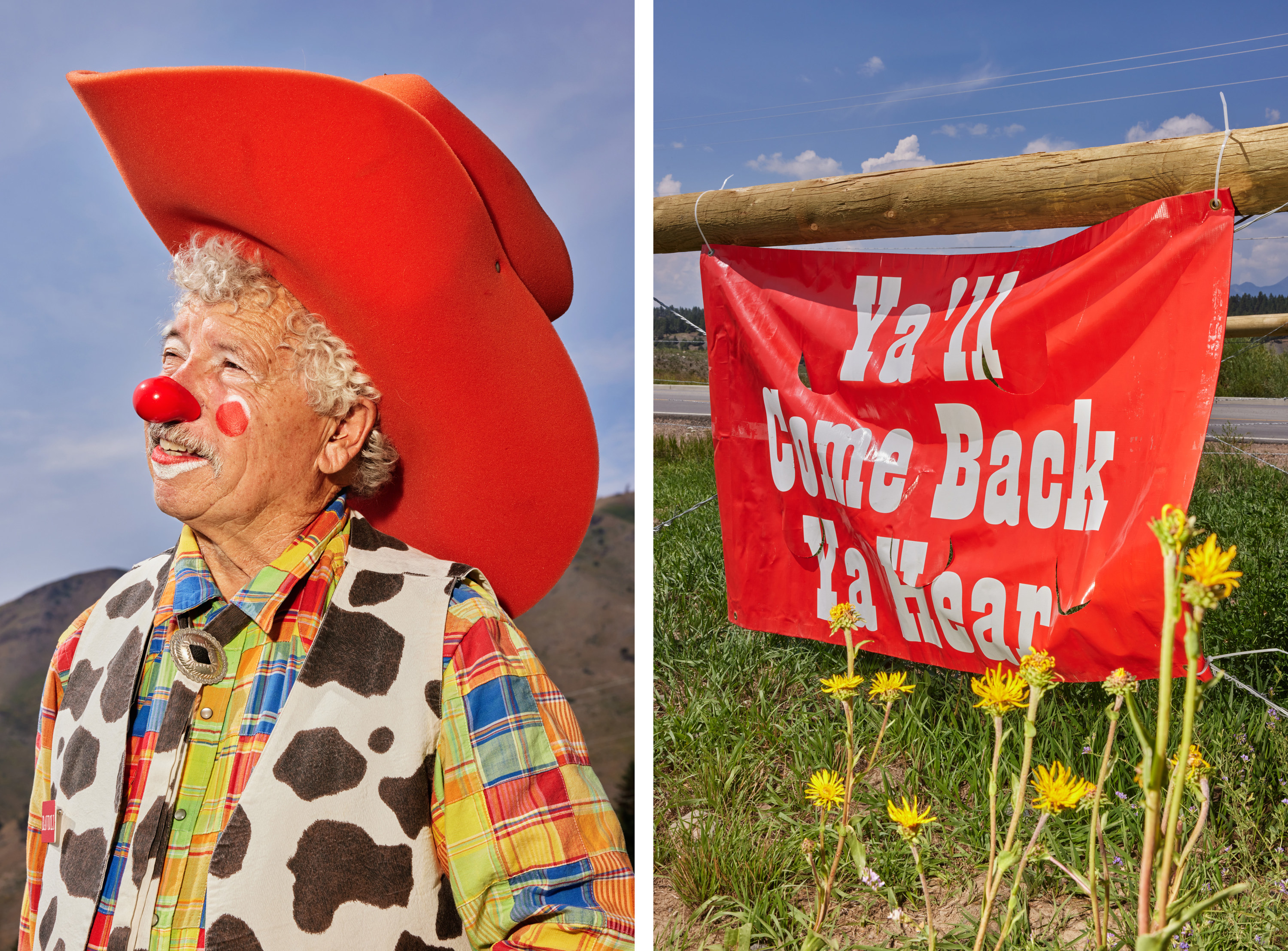 Left, a rodeo clown in an oversized foam cowboy hat, right, a sign posted reads 
&quot;y&#x27;all come back now ya hear&quot; 