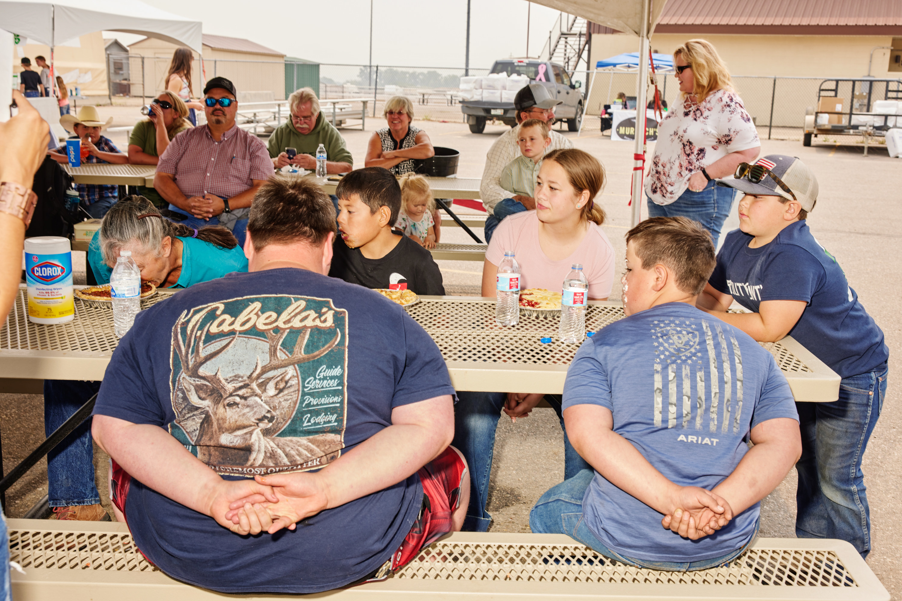 Two boys from the back at a picnic table, with people on the other side with pies and water bottles as they look on